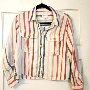 American Eagle Shirt Striped Linen Blend Cropped Button Down EUC Sz XS oversized